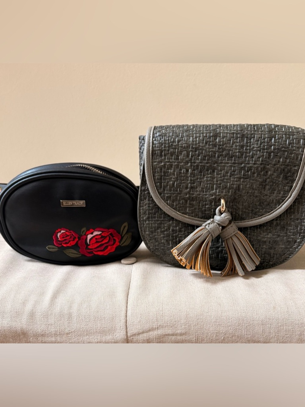 Ellen Tracy Black Crossbody Red Rose Embroidery and Gray Belt bag tassel.